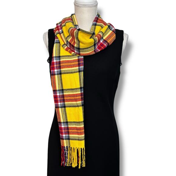 Lands’ End CashTouch Yellow and Red Plaid Scarf - Picture 1 of 2